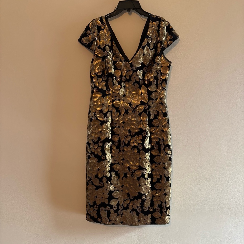 Adrianna Papell Black Midi Dress with Gold Floral Sequin Overlay